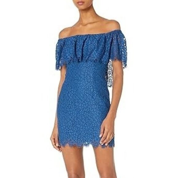NWT Rachel Zoe Off-Shoulder Blue Lace Adelyn Mini Dress Zip Back Women's 6 - Picture 1 of 13
